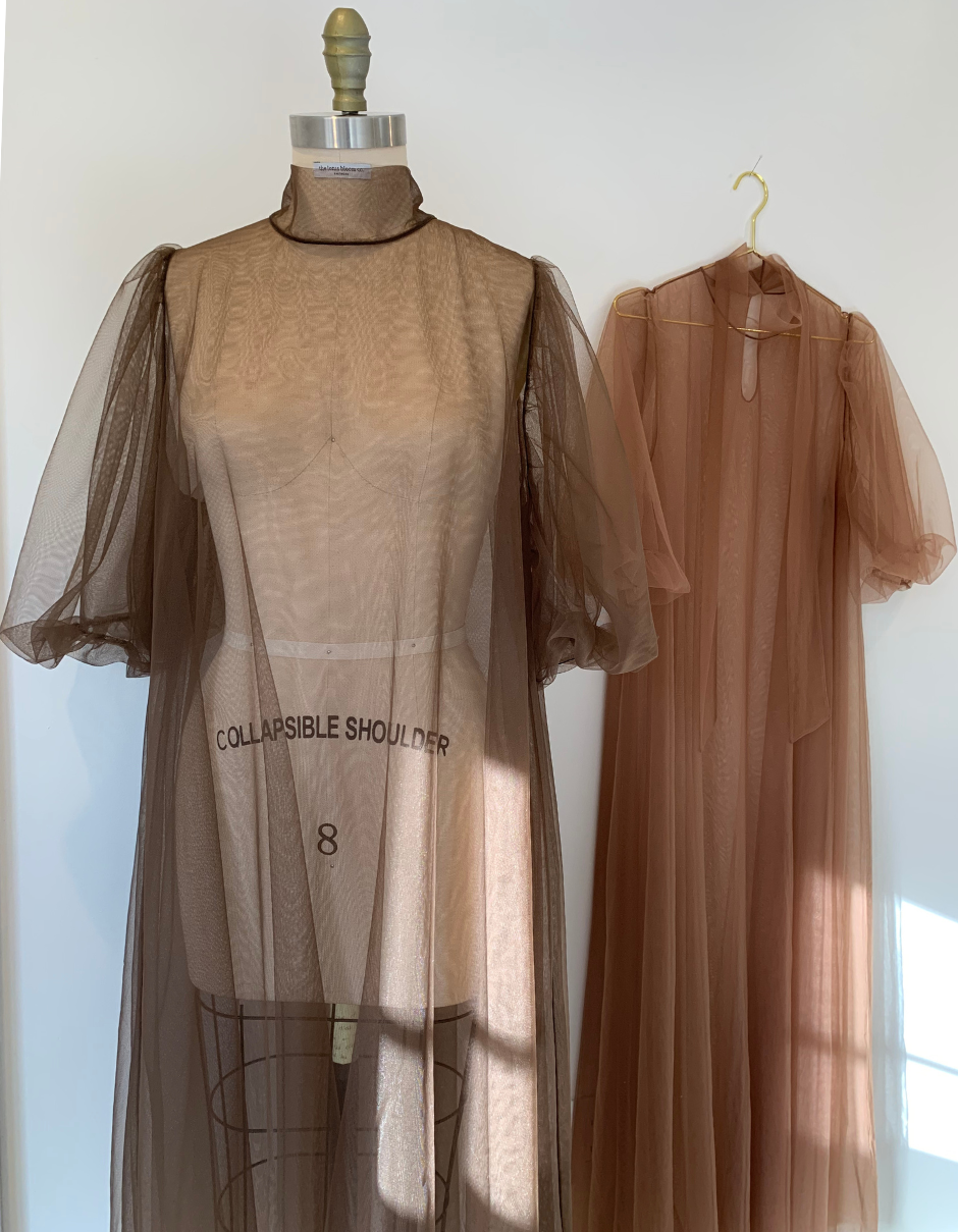 Dark and medium brown tulle smock maxi dresses by the lotus bloom co.